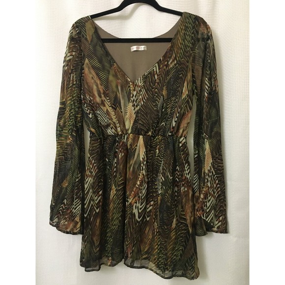 Agaci Womens Tunic Top Mini Dress Medium Bell Slv Chiffon Lined Green Brown D4 - Picture 5 of 8